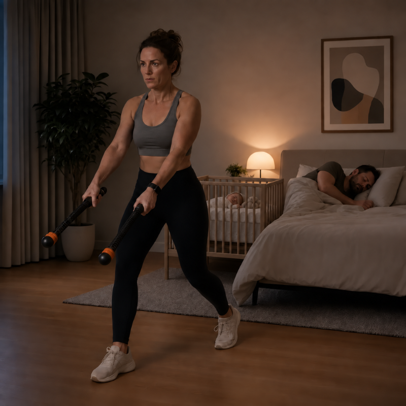 Une femme utilisant les SpringRopes chez elle pendant que sa famille dort.